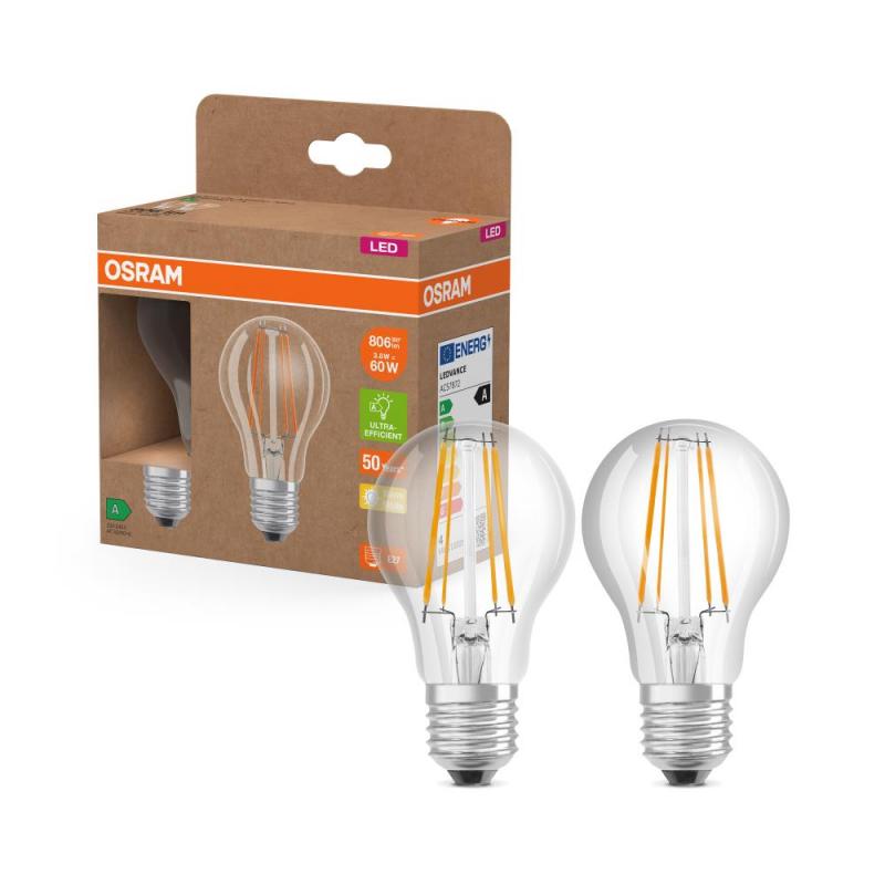 2er Set OSRAM E27 LED Lampe Classic klar 3,8W wie 60W warmweißes Licht 2700K - Energy efficiency class A - besonders effizient